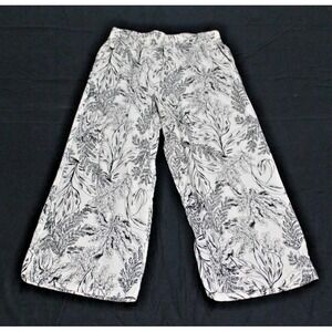 Tahari Womens 100% Linen Wide Leg Pants Medium Black White Tropical Leaf Print